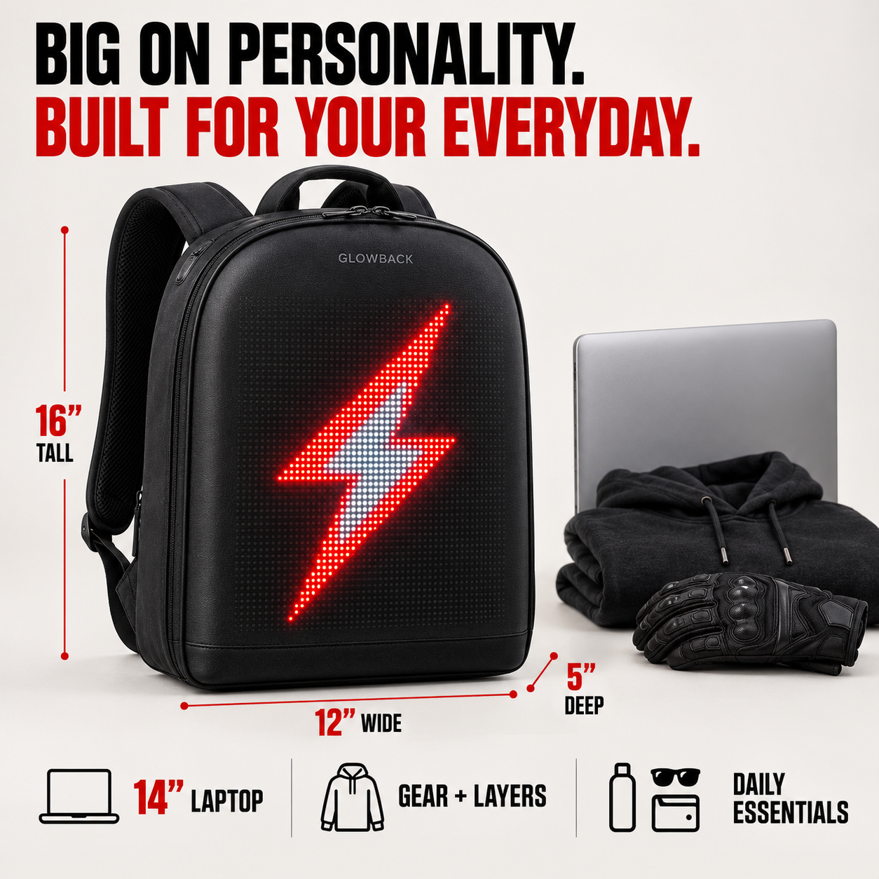 GlowBack backpack dimensions: 16 inches tall, 12 inches wide, 5 inches deep, with storage for a 14-inch laptop